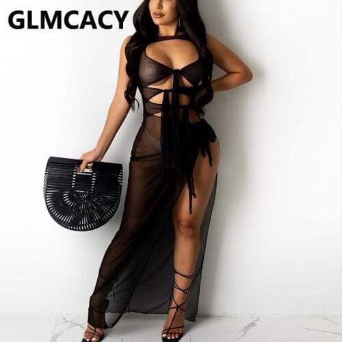 Sleeveless Mesh Multi-belt Design Slit Dress Summer Sexy Party Club Dresses