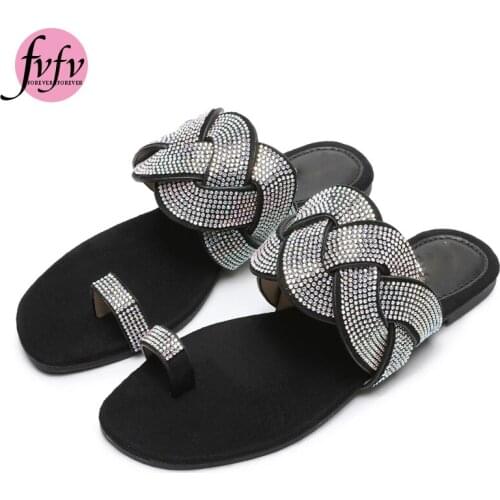 [FVFV]Woman Slippers Summer Shoes Round Head Flat-bottom Ling Rhinestone Slippers Beach Plus Size Crystal Flip Flops Slides