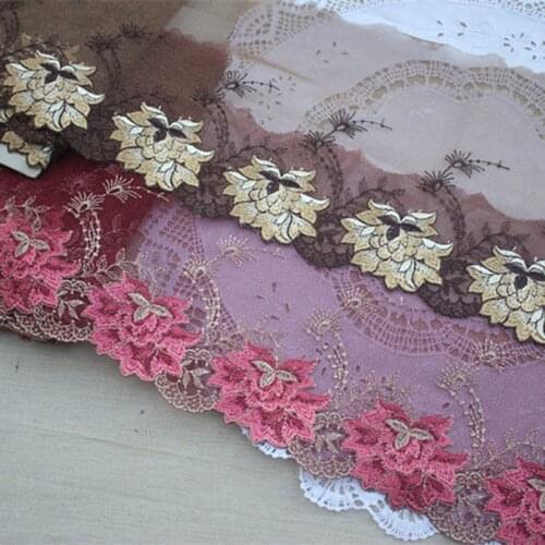 10Meters Dark Red Tulle Lace Trim Embroidered Floral Lace Trim 19cm Wide Costume Supplies for Sewing Crafts