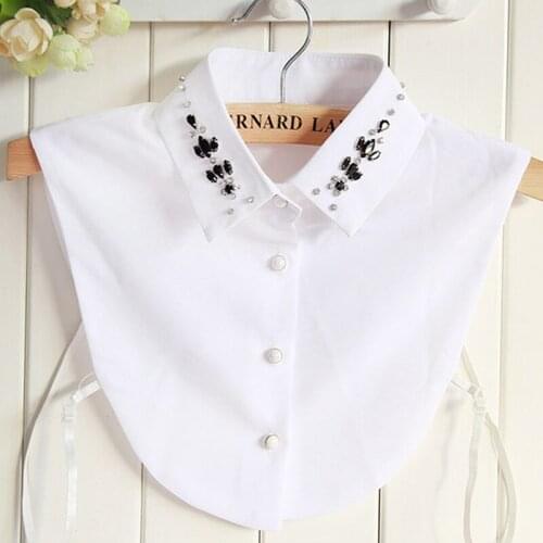 2017 new arrival Handmade Bead Female Womens White Shirt Senior Crystal Rhinestone Fake Collar Shirt Female Black Women