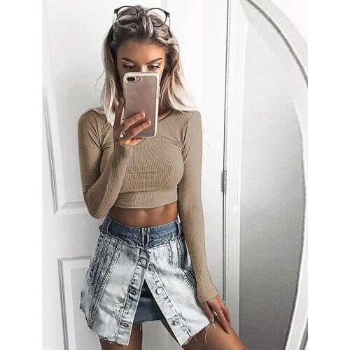 Women Short Cropped Tops Autumn Knitted Shirts Long Sleeve Solid Color Striped O Neck Casual Women Tees Shirt