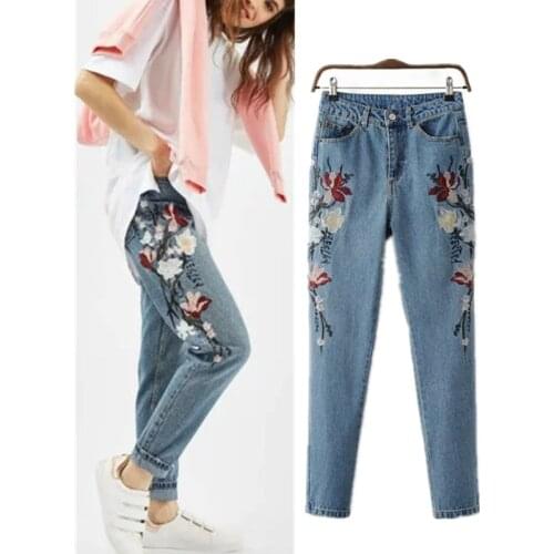 2019 Autumn Fashion Floral Embroidered Jeans For Women Vintage Straight Jeans Woman Denim Pants female Light blue casual pants
