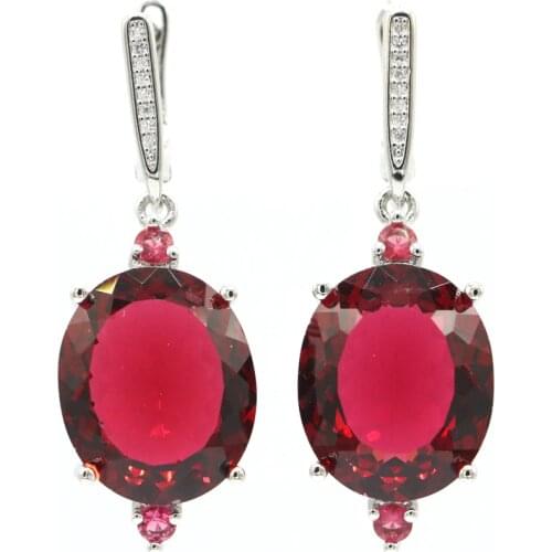 42x15mm SheCrown Created Raspberry Rhodolite Garnet Smokey Topaz CZ For Women Daily Wear Silver Earrings