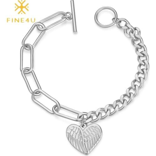 FINE4U B458 Stainless Steel Chain link Bracelets for Women Fashion Heart Tag Charm Bracelet