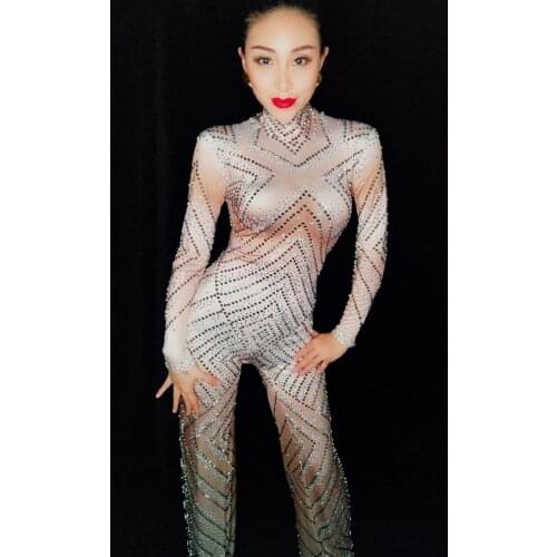 Full Diamond Female Jumpsuit Bling Rhinestones Flared Trousers Bell-bottoms Pants Nightclub DJ Singer Costume Star Party Costume