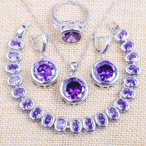 Natural Purple Cystal Womens Jewelry Sets Silver Color Bracelet Necklace Pendant Earrings Ring Wedding Jewelry YZ0147
