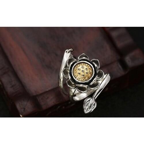 Real s925 sterling silver design sense vintage lotus ring female Thai silver rotating multi-layer open ring