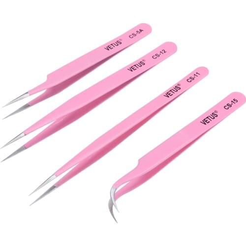 5 Pcs Stainless Steel VETUS Tweezers Pink Colors Precision Tweezers Anti-static Eyelash Extension Forceps Repair Aid Tools