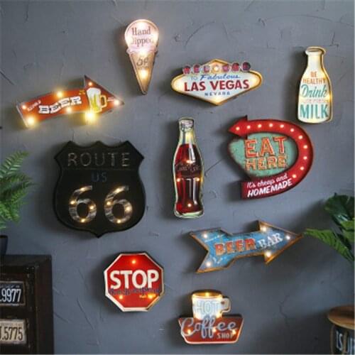 American retro metal LED light creative wall decoration billboard cafe bar shop wall decoration Signs Home Hanging Light