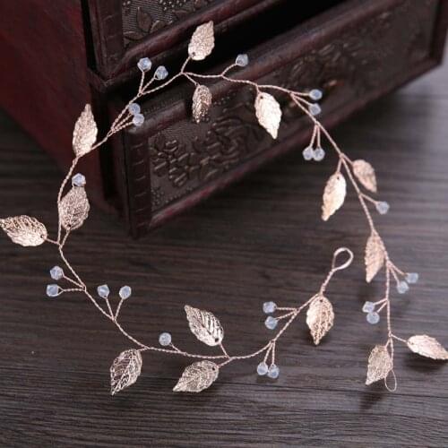 FORSEVEN Rose Gold Leaf Crystal Bride Headband Bridal Headpiece Hair Accessories Women Wedding Tiaras and Crowns Head Jewelry
