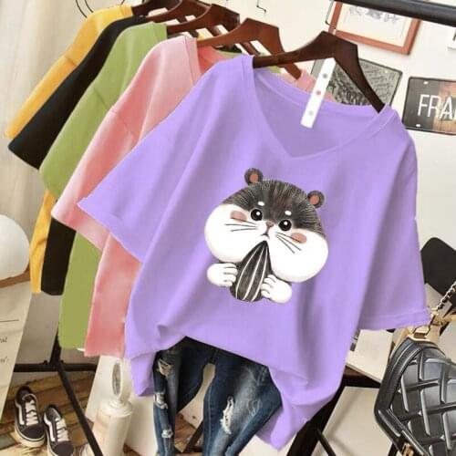 Cotton V-neck Short-sleeved T-shirt Women 2020 New Style Printed Loose Plus Size Women Graphic T Shirts