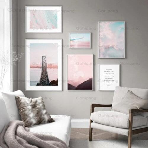Canvas Painting Pink Sky Rainbow Mountain Bridge Posters Nordic Wall Pictures for Living Room Home Decor Wall Art Canvas Poster