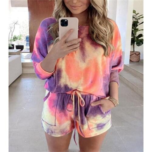 2 PCS Women Tie-dye Print Outfits, Long Sleeve Round Neck T-shirt Drawstring Shorts Casual Style Clothes Set