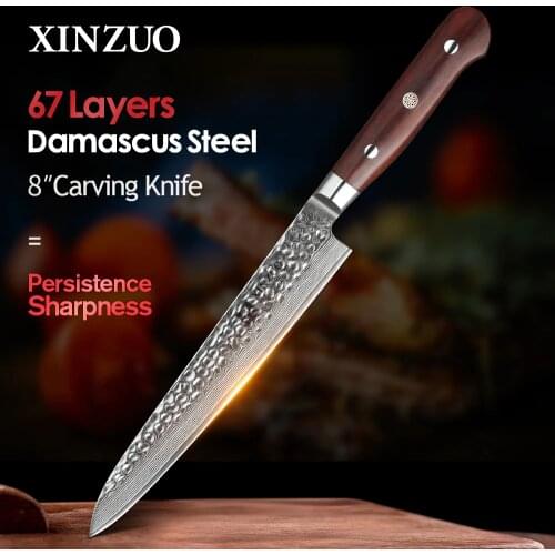 XINZUO 8'' inches Slicing Knife VG10 Damascus Steel Razor Sharp Blade Strong Hardness Kitchen Knife with Rose Wood Handle
