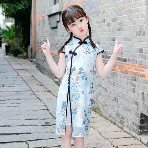 Chinese Style Dress For Girl Print Sundress Summer Style Cheongsam Kids Traditional Ethnic Qipao Hanfu Clothing Cheongsam Kids