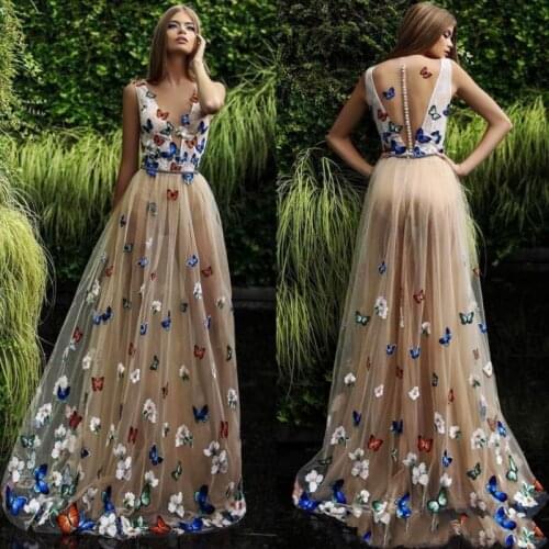 Pageant Dresses Sexy deep V-neck Champagne Color Butterfly multilayer net and ground ball dress back zipper button custom packa
