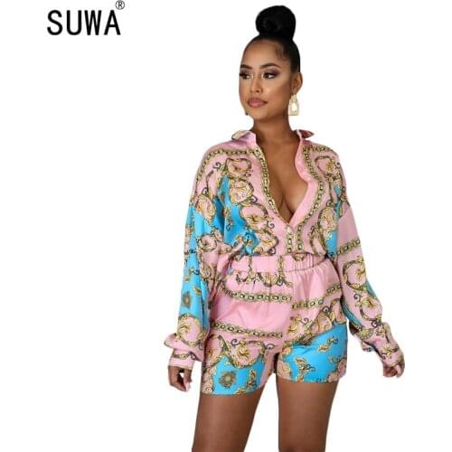 Vintage fashion women clothing full sleeve loose long shirt and skinny shorts 2 piece set vintage casual chic outfit