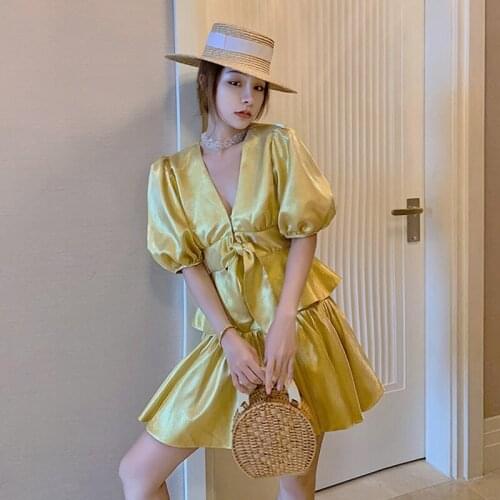 Vintage Glitter Chic lantern Sleeve Top Sexy Women Casual Ruffle A-Line Mini Skirt Sexy Hollow Shirt Blouse Party 2 Pieces Set