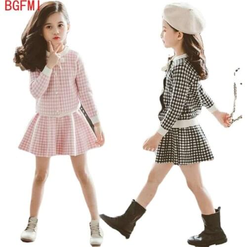 3-10 Years Old Spring Fall Baby Girls Vintage Temperament Knitted Round Neck Suit Girls Grid Coat + Skirt Two-Piece Set Kids