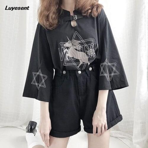 Women Black Gothic Unicorn Cool T Shirt 2021 Lady Punk Hexagonal Star Letter Printed Cuff Split Three-quarter Sleeve V Neck Top