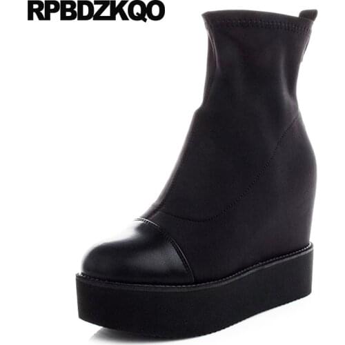 Wedge booties platform casual rivet round toe stud muffin high heel autumn shoes black women boots winter 2018 lycra slip on