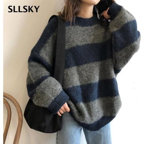 SLLSKY Autumn Women Oversized Sweater Vintage Striped Loose Pullovers Streetwear Knitted Jumper New Female O-neck Sweaters