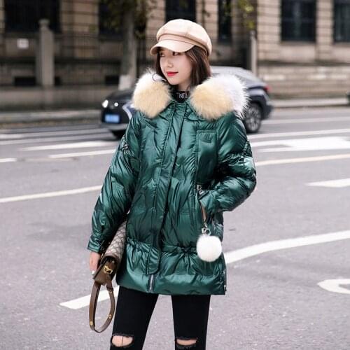 Winter Jackets Womens Long Shiny Hooded Female Cold Coat Plus Size Thick Fur Collar Cotton Padded With Hairball Casual Parkas