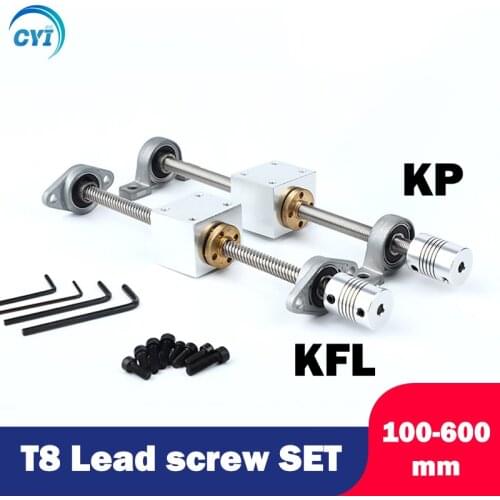 1Set 3D Printer CNC T8 Lead Screw Length 100-600mm Diameter 8MM Trapezoidal Screw Nut Screw Set With Nut Holder Horizontal