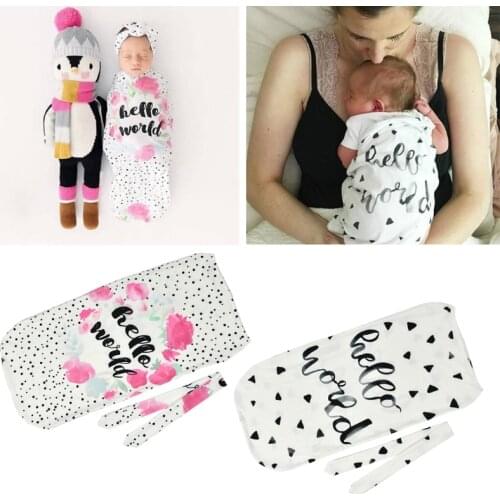 2 Pcs Infant Newborn Toddler Swaddle Blanket Baby Sleeping Case Bag Headband Hello World Letter Print