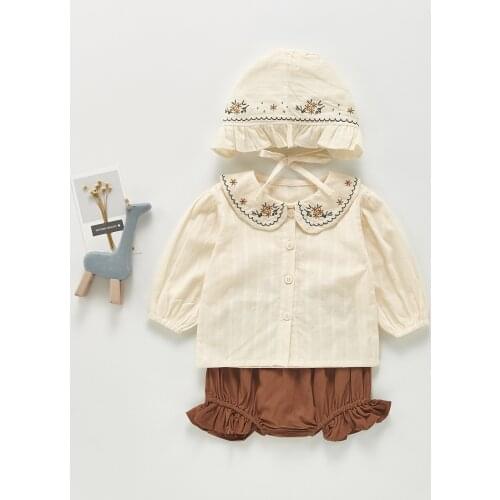 2021 New Autumn Baby Girl Long Sleeve Clothes Set Flower Embroidery Collar Girls Shirts + Pp Pants + Hat 3pcs Baby Girl Outfits