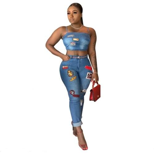 AHVIT Printed Pockets Fashion Casual Denim Women Two Piece Set Sleeveless Strapless Crop Top And Hight Waist Long Pants SSJ3283