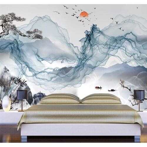 Wellyu Custom large mural blue minimalist creative abstract new Chinese style ink landscape background wall wallpaper