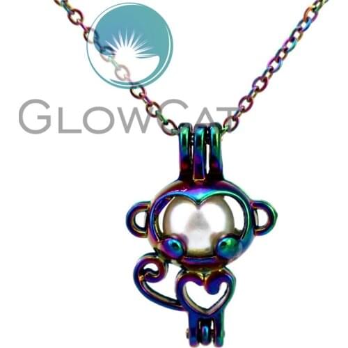 CC70 Rainbow Colors Monkey Heart Beads Cage Pendant Perfume Essential Oil Diffuser Pearl Cage Locket Necklace