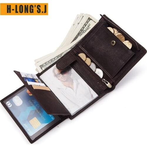 H-LongS.J Genuine Leather Wallet Men Coin Purse Rfid Casual Magic Walet PORTFOLIO MAN Portomonee Mini Vallet card Organizerizer