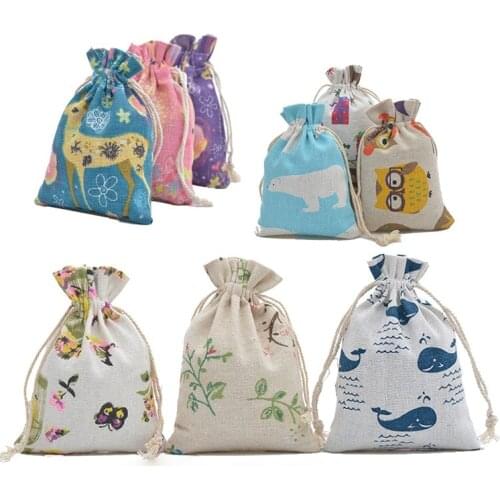 Cotton Linen Fabric Pouch Drawstring Bag Cute Flower Print Kids Travel Cloth Shoes Storage Bag Makeup Case Christmas Gift Bag