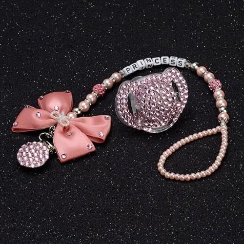 MIYOCAR Personalised-any name set stunning pink bling bow pacifier clip holder dummy clip with bling pacifier