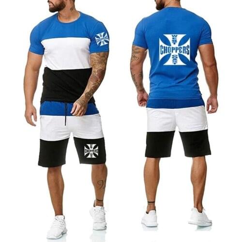 New Summer Mens Suit for West Coast Printed Short Sleeve casual male Splice Crew neck Cotton T-Shirt Pants Suit 2Pcs J