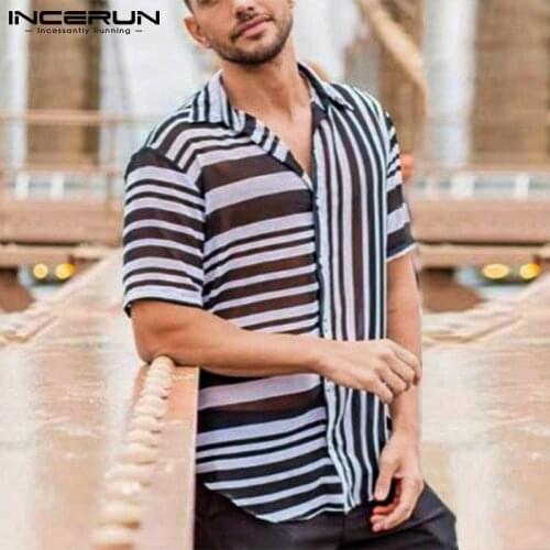 INCERUN Summer Men Casual Shirt Striped Patchwork Transparent Lapel Fashion Thin Tops Short Sleeve Streetwear 2021 Camisas S-3XL