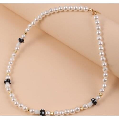 Trendy Female Black Ceramic Mushroom Chokers Necklaces For Women Girls Cute Handmade Beaded White Pearl Necklace Jewelry Gifts