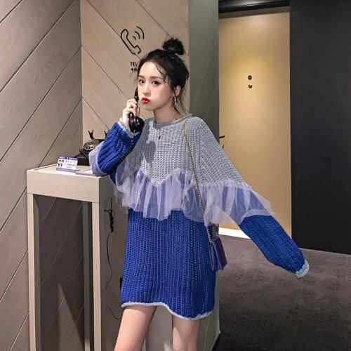 Fashion Sweater Woman 2020 Fall Knitted Lace Patchwork Loose Korean-Style Womens Pullovers Fashion Students Chic Sweaters AA5545