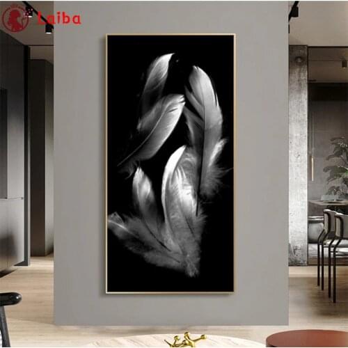 New 5D Round Diamond Painting Black and white art, feathers Sticker Diamond diy Embroidery Home Decoration Mosaic