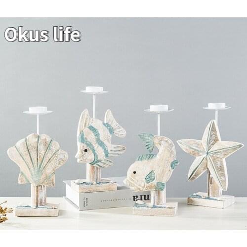 New Mediterranean Style Fish Candlestick Decoration Handicraft Wooden Starfish Display Desktop Decoration Birthday Gift