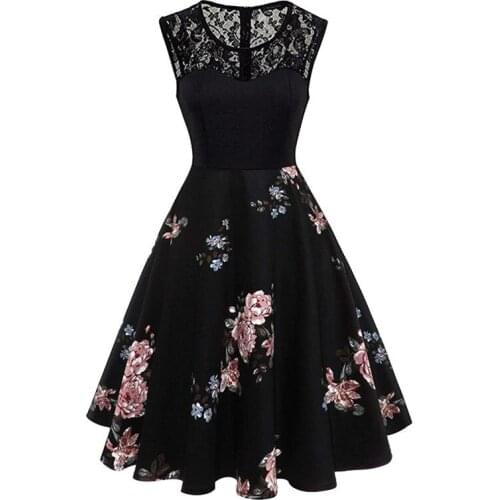 Peony Flower Print Robe Vintage Dress Elegant Lace Contrast Sleeveless A Line Women Summer Retro Floral Black Rockabilly Dresses