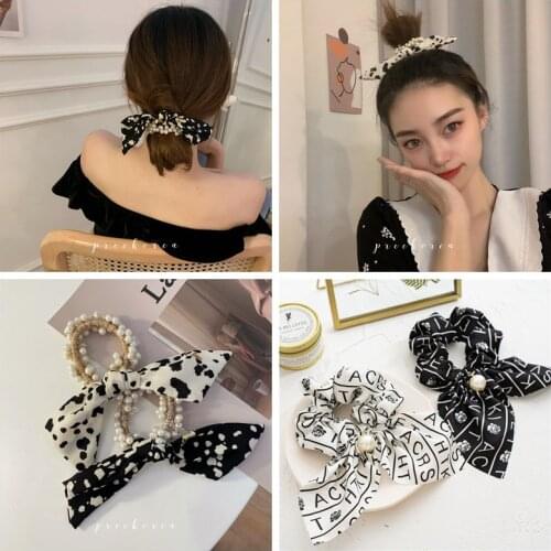 Korean Pearl Hair Circle Fashion Bow Tie Ponytail Holder Hair Rope Womens Printing Elastic Hair Bands Rubber Band New Headdress