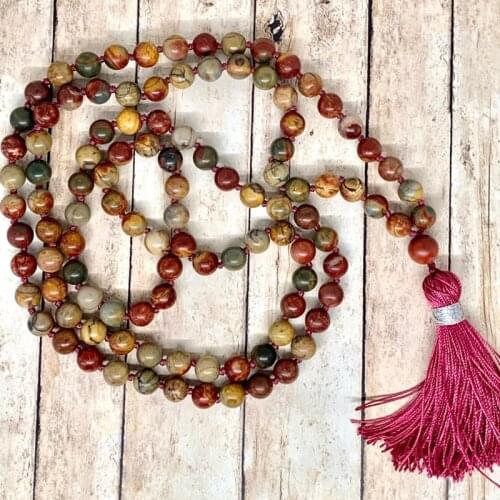 Self-discipline 108 Mala Beads Yoga Jewelry Meditation Picasso J-asper Knotted Tassel Necklace Women Men Natural Stone Gift