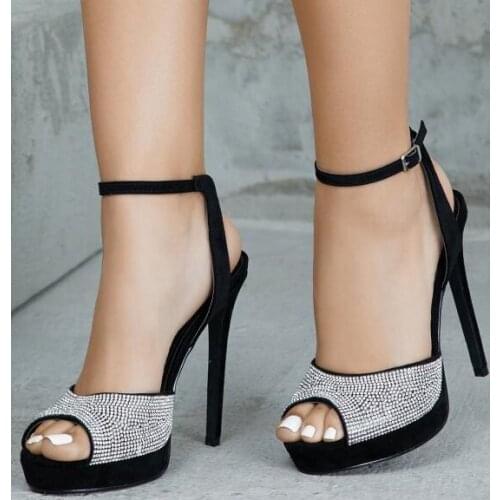 Carpaton Black Rhinestone Slingback Sandals Stiletto Heel Platform Sandals Summer Peep Toe Woman Ankle Strap Wedding Shoes