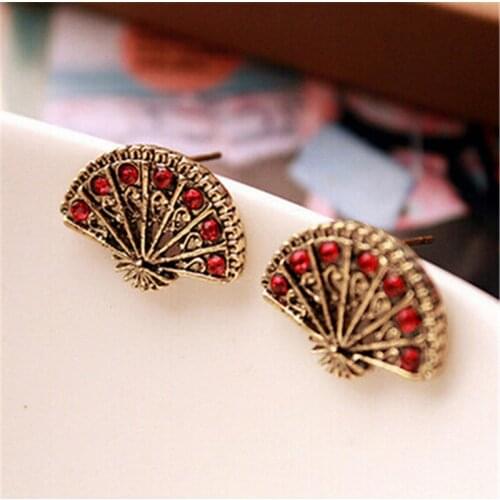Red Crystal Ethnic Alloy Fan Bohemia Earrings Alloy Fan Earrings Metal Vintage Jewelry Retro Fan Crystal Earrings Chinese Style