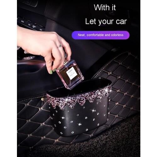 Rhinestones Car Trash Can Organizer Garbage Holder Plastic Auto Backseat Hanging Bin Umbrella Paper Towel Storage Box For Gilrs