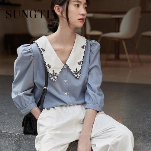 Sungtin Embroidery Vintage 2020 New Summer Blouse Shirt Women Tops and Blouses Blue White Casual V-Neck Shirts Elegant Loose New