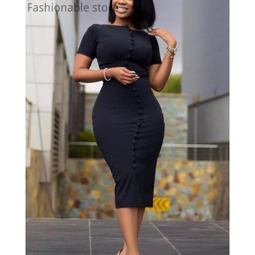 Women Solid Color Plus Size Button Detail Short Sleeve Bodycon Dress